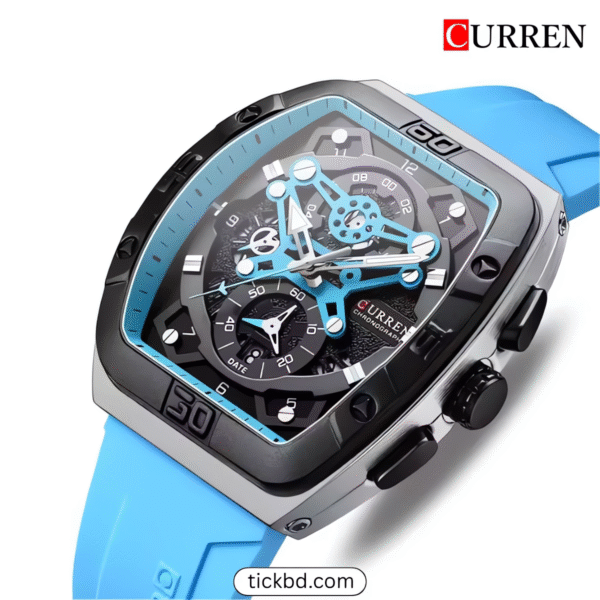 Top view of Curren 8443 men's sports watch with date display