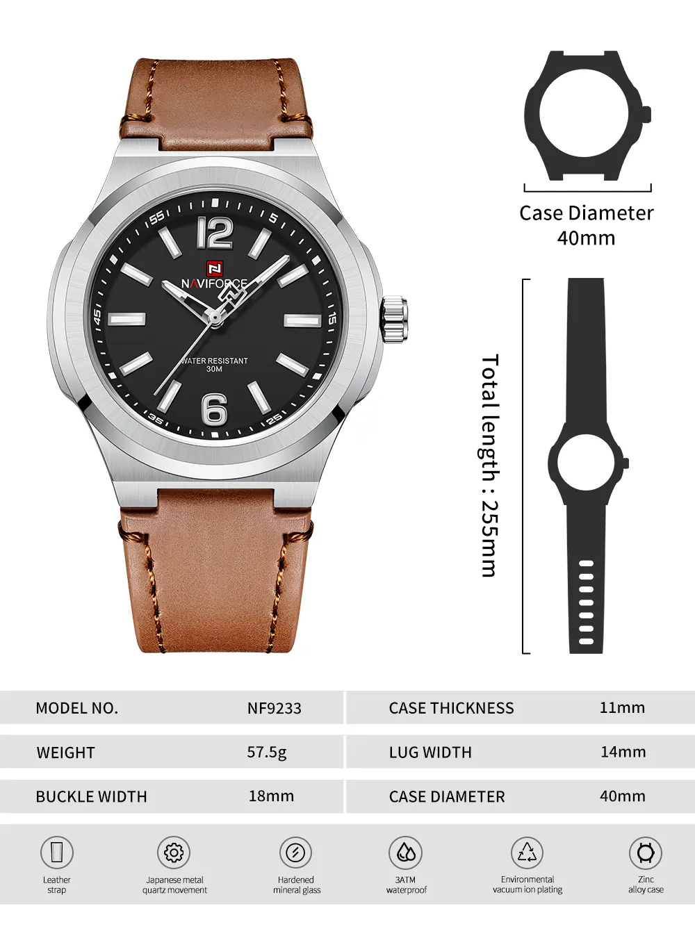 NAVIFORCE NF9233 Minimalist Men's Analog Watch PU Leather Strap Date Display