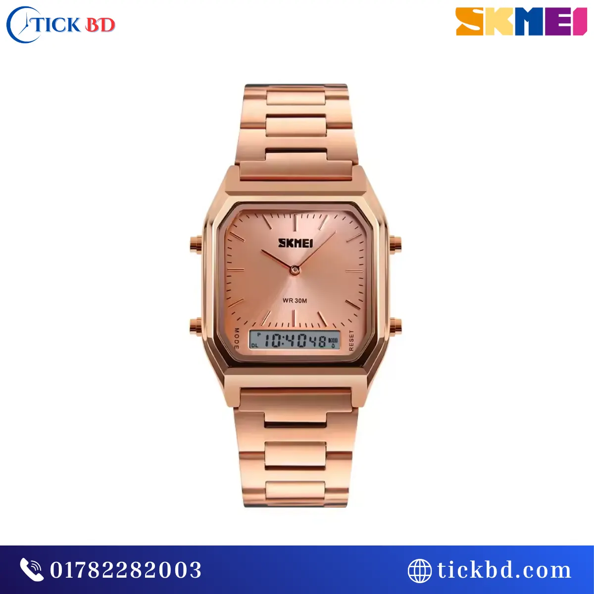 SKMEI 1220 Dual Display Analog-Digital Watch – Stainless Steel Square Dial with Chronograph & Alarm
