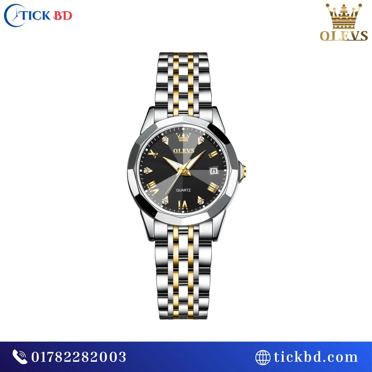 OLEVS 9931 Women's Luxury Quartz Watch Rhombic Diamond Cut Glass Dual Calendar