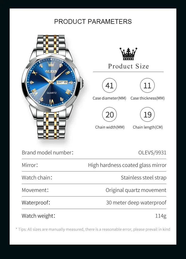 OLEVS 9931 Men's Quartz Analog Watch Stainless Steel Date Display