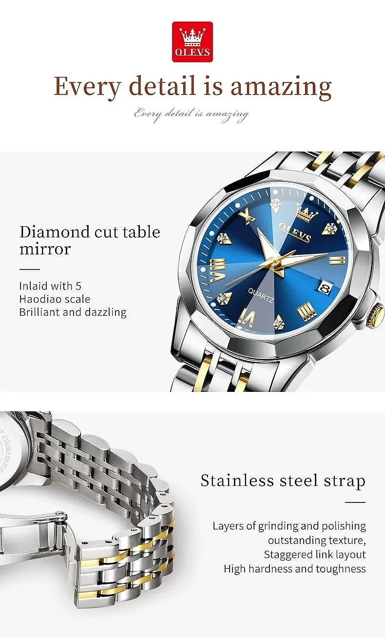 OLEVS 9931 Women's Luxury Quartz Watch Rhombic Diamond Cut Glass Dual Calendar