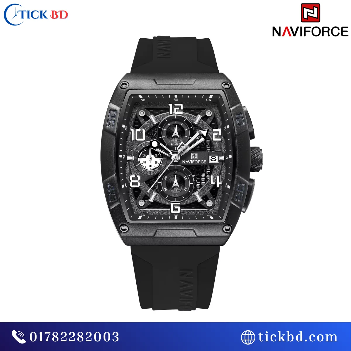 NAVIFORCE NF8052 Men's Sports Chronograph Watch Silicone Strap Barrel Case