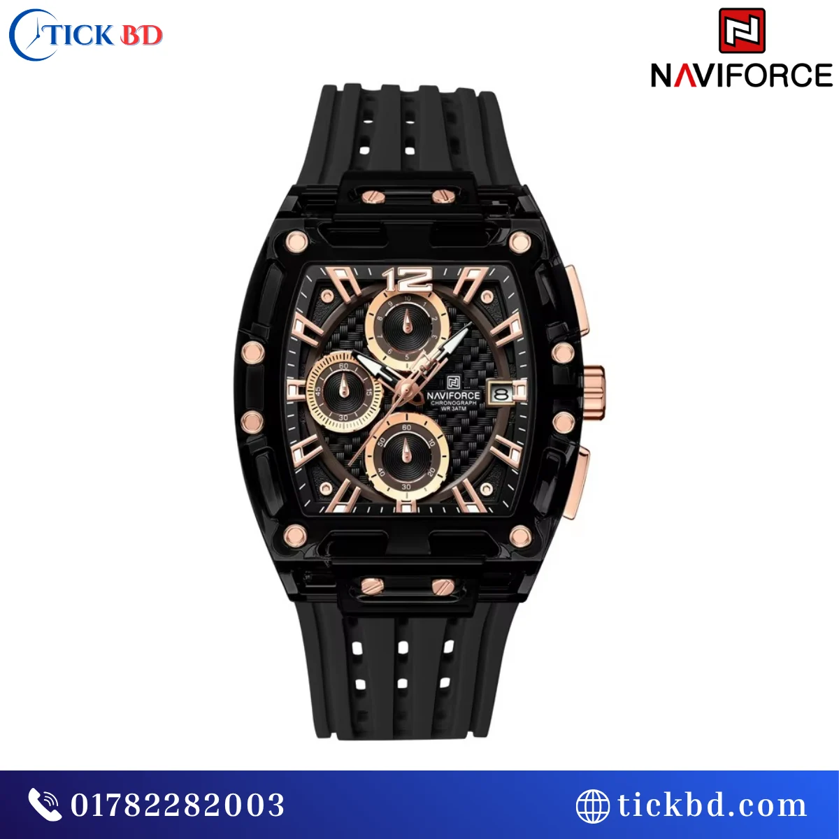 NAVIFORCE NF7105 Sports Chronograph Watch Transparent Tonneau Case Silicone Strap