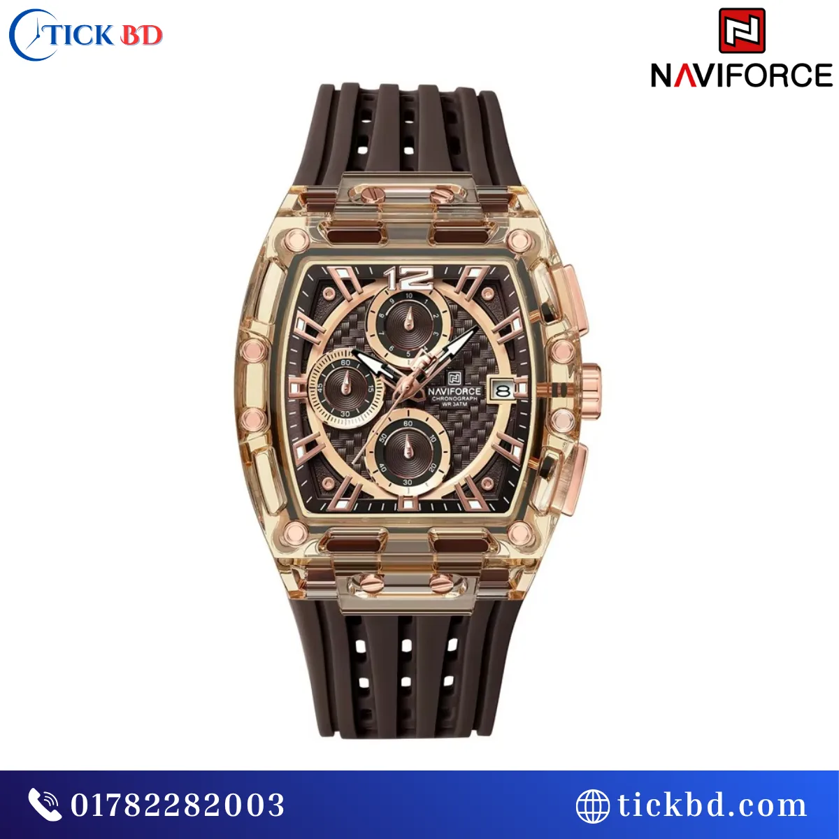 NAVIFORCE NF7105 Sports Chronograph Watch Transparent Tonneau Case Silicone Strap