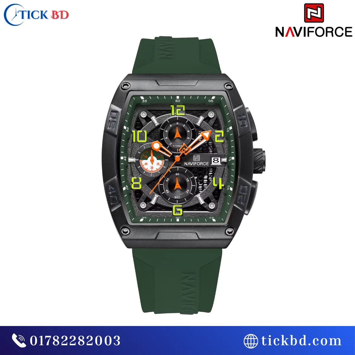 NAVIFORCE NF8052 Men's Sports Chronograph Watch Silicone Strap Barrel Case