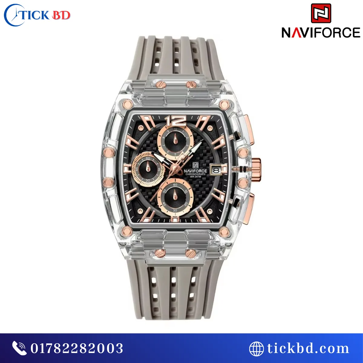NAVIFORCE NF7105 Sports Chronograph Watch Transparent Tonneau Case Silicone Strap