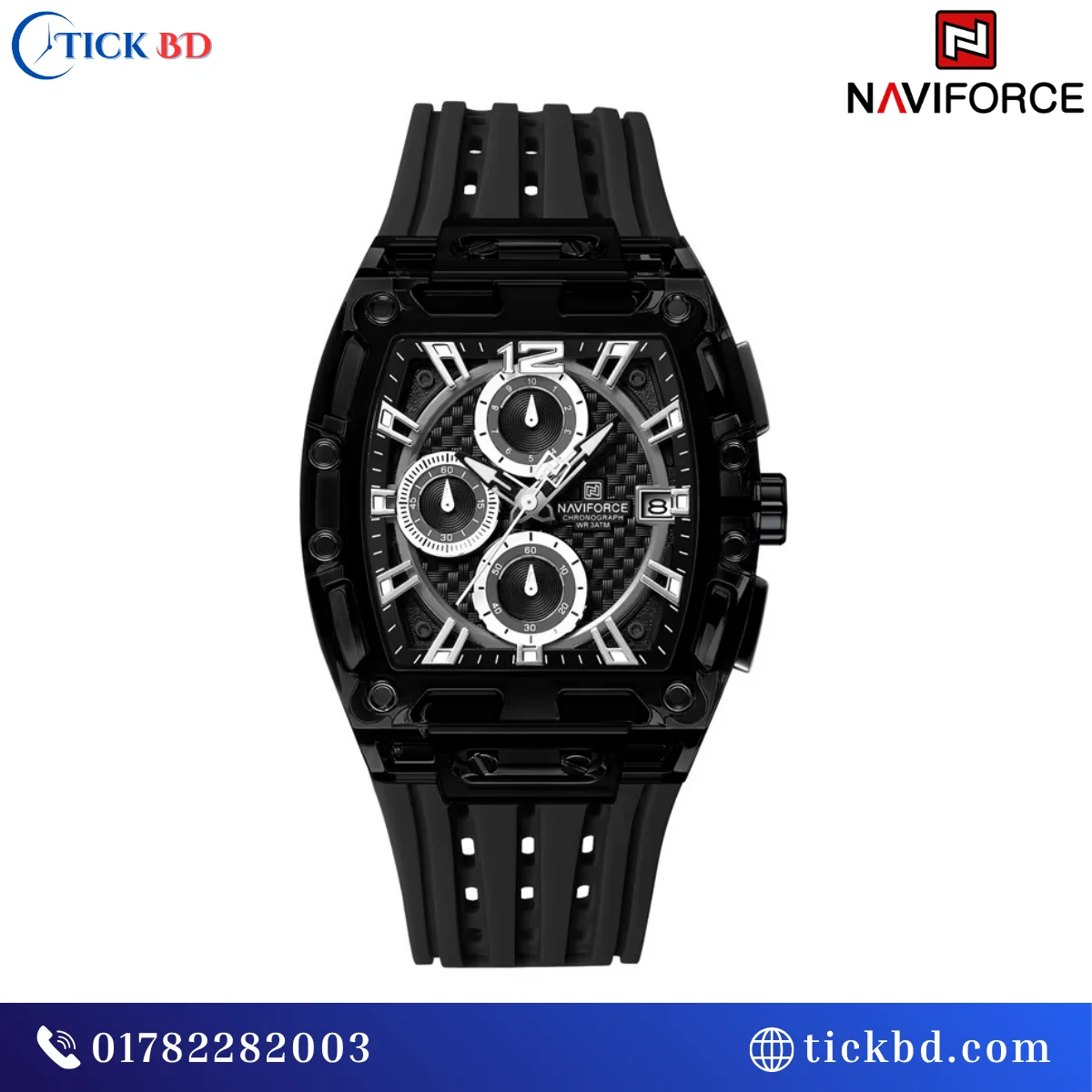 NAVIFORCE NF7105 Sports Chronograph Watch Transparent Tonneau Case Silicone Strap