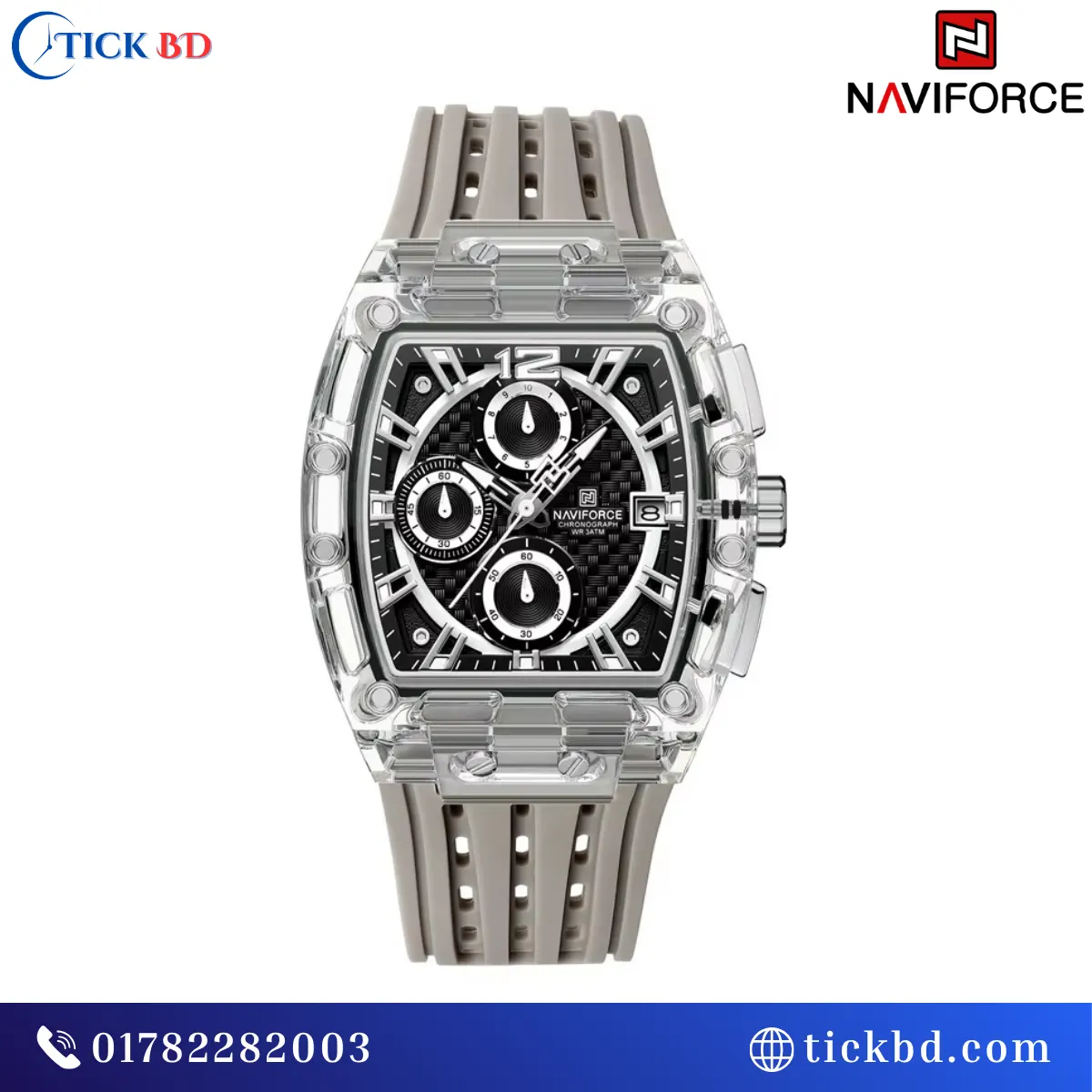 NAVIFORCE NF7105 Sports Chronograph Watch Transparent Tonneau Case Silicone Strap
