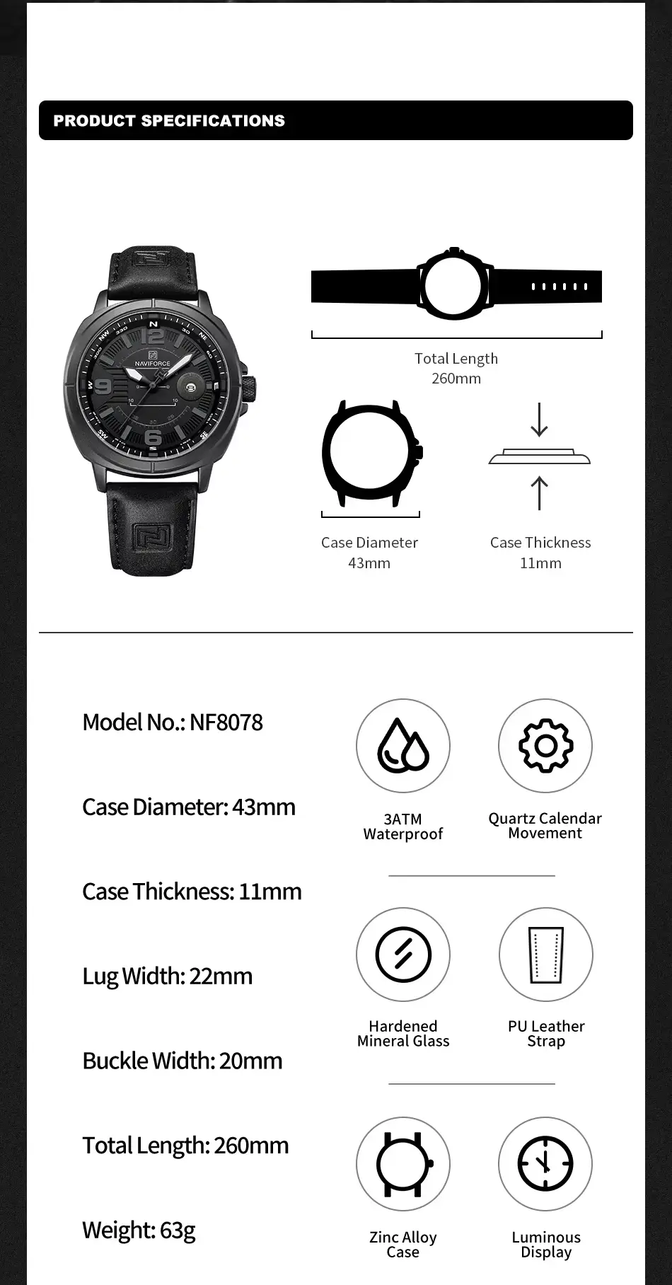 NAVIFORCE NF8078 Men's Sports Watch Compass Dial Leather Strap