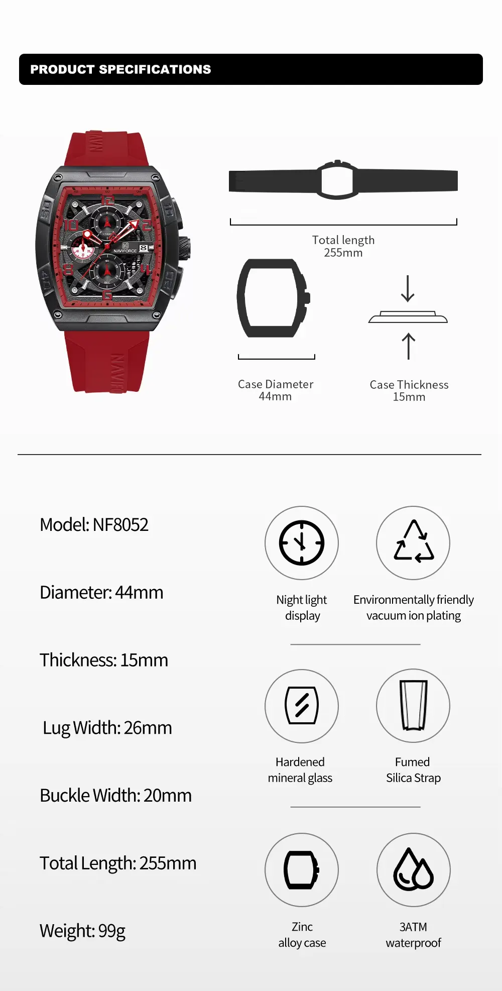 NAVIFORCE NF8052 Men's Sports Chronograph Watch Silicone Strap Barrel Case